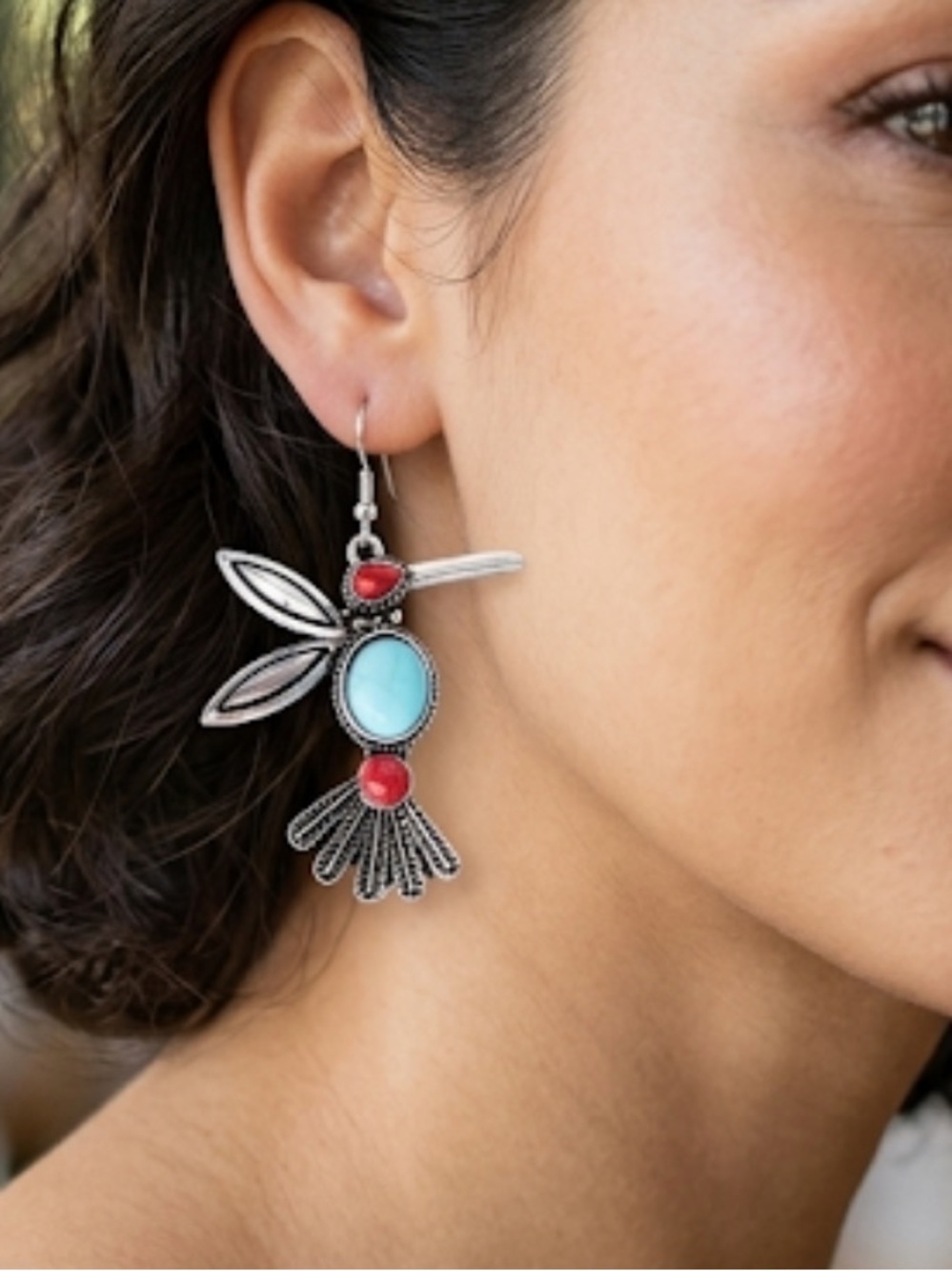 Western Style Aztec Bird Turquoise & Red Howlite Stone 1.75” Dangle Earrings NEW